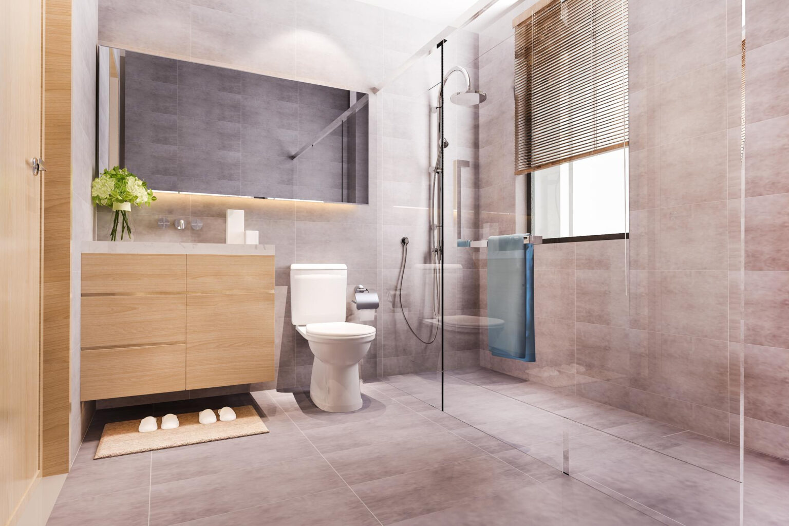 Baño minimalista y funcional con lavabo sobre encimera