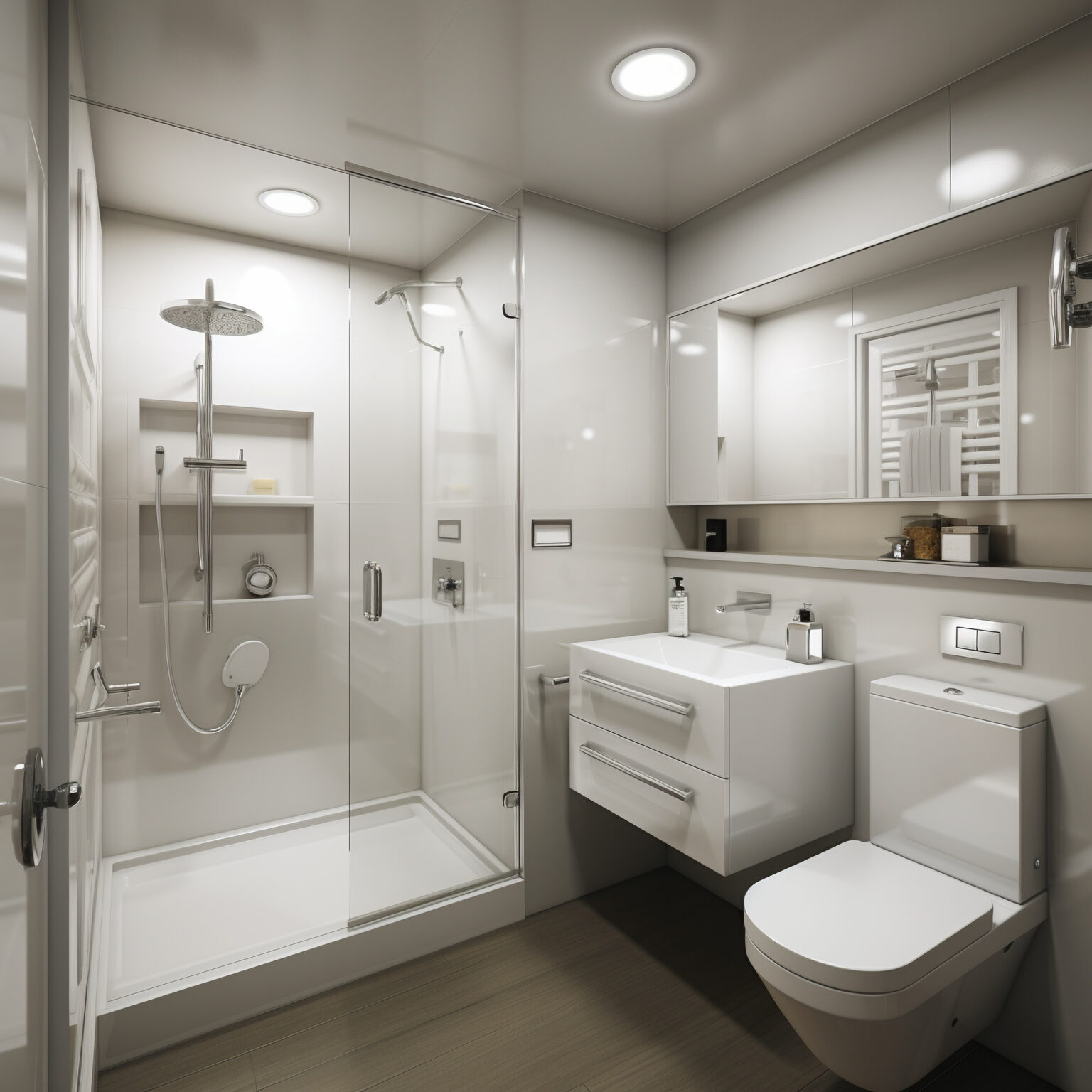Baño reformado con cambio de bañera por plato de ducha de resina, grifería moderna y mampara de cristal. Reformas de baños en Ourense."